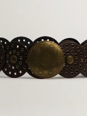 Women's Decorative Disk Belt in Brown and Antique Gold